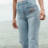 Jean Wide Flora Bleu Clair